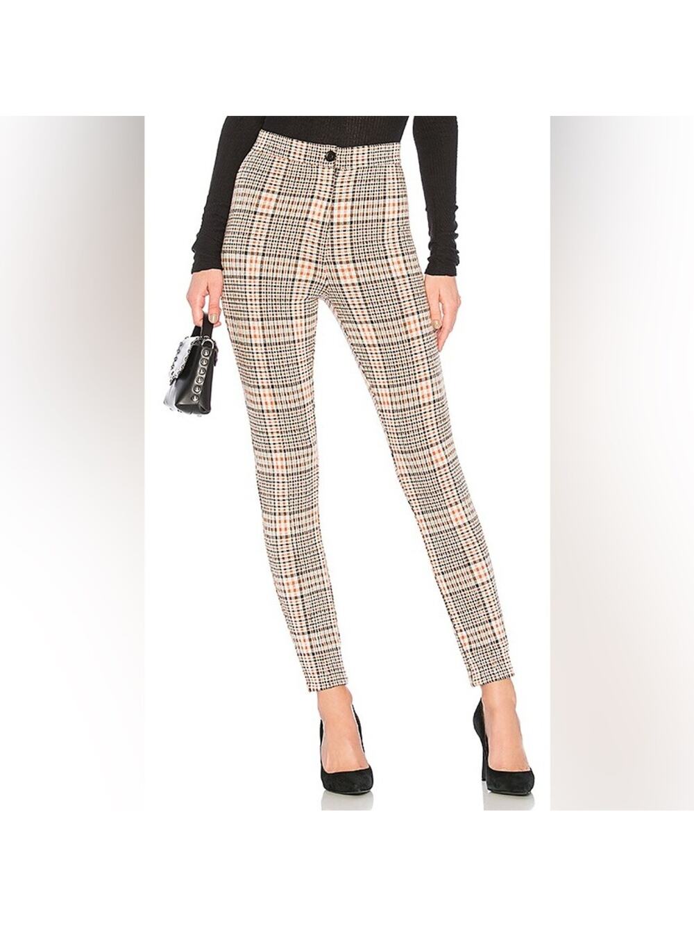 Plaid High-Waist Slim Pants - Beige/Black